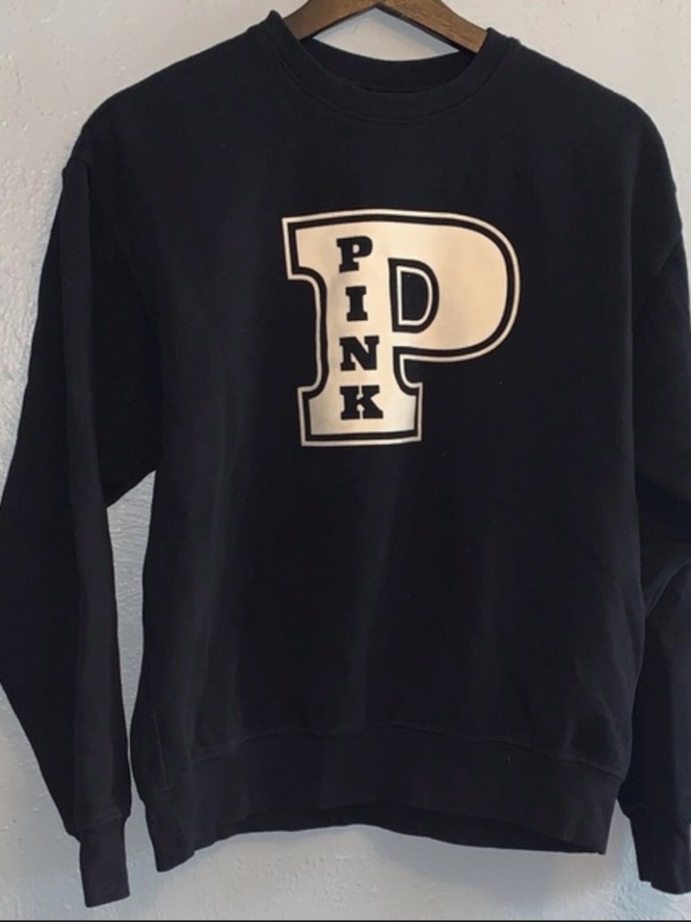 PINK Victoria's Secret Black Crewneck with Cream 'P' Logo